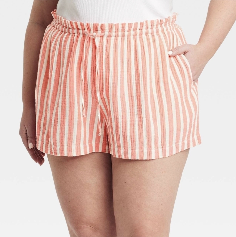 NWT UT Cotton Gauze High Rise Shorts Coral Pink and White Striped 2X